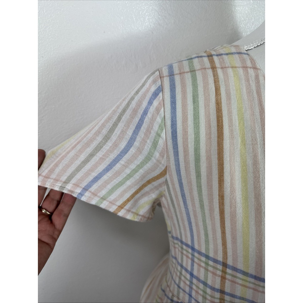 Madewell Women XS Clara Midi Dress Pockets Linen Bld Pastel Plaid Cap Sleeve - Picture 8 of 16